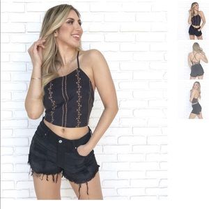 Dainty Hooligan Black Suede Halter Top